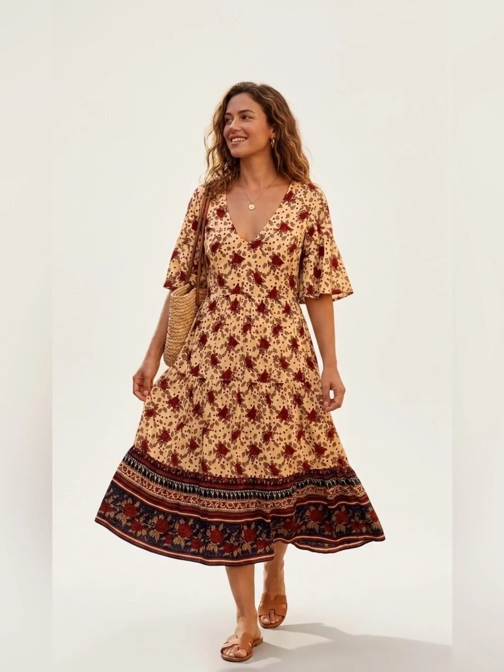 Faithfull The Brand x Anthropologie Floral Midi Dress‎ - Yellow/Red Rose, Size 6